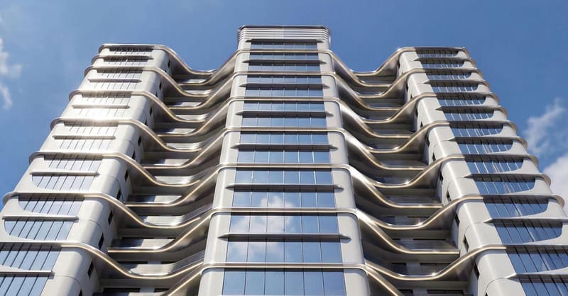 Render of the facade seen from below