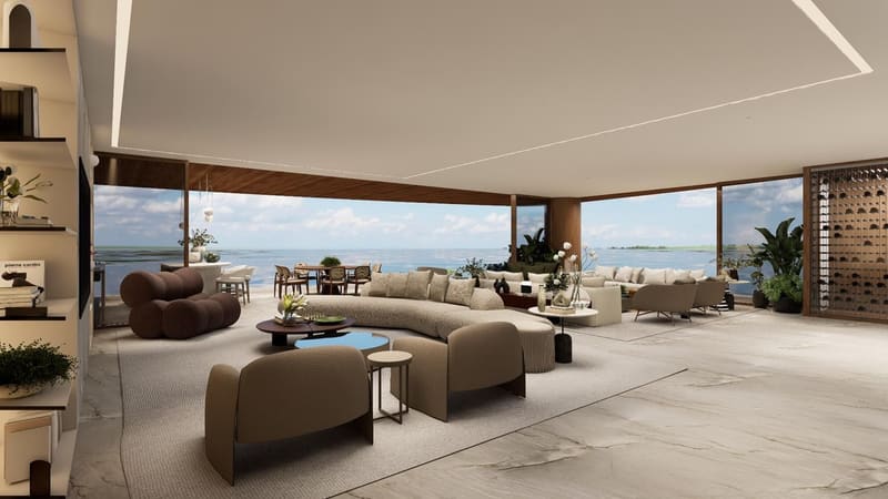 Render of a living room opening onto the sea view