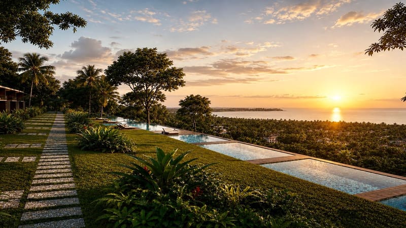 Illustrative rendering of the pools at sunrise