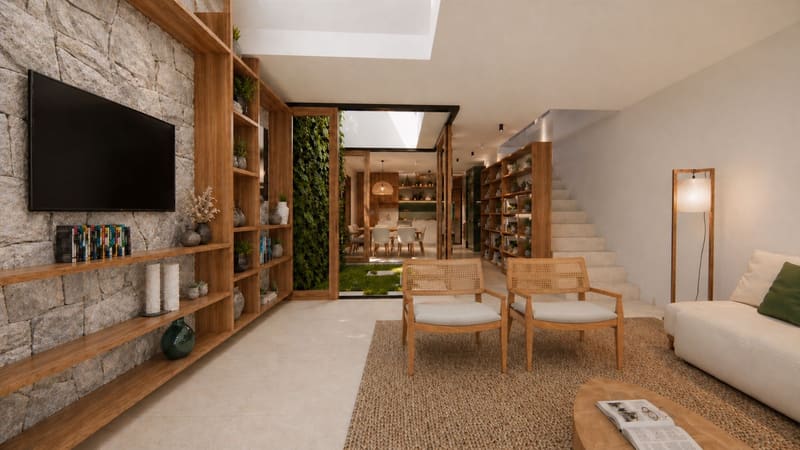 Illustrative rendering of the living room and staircase