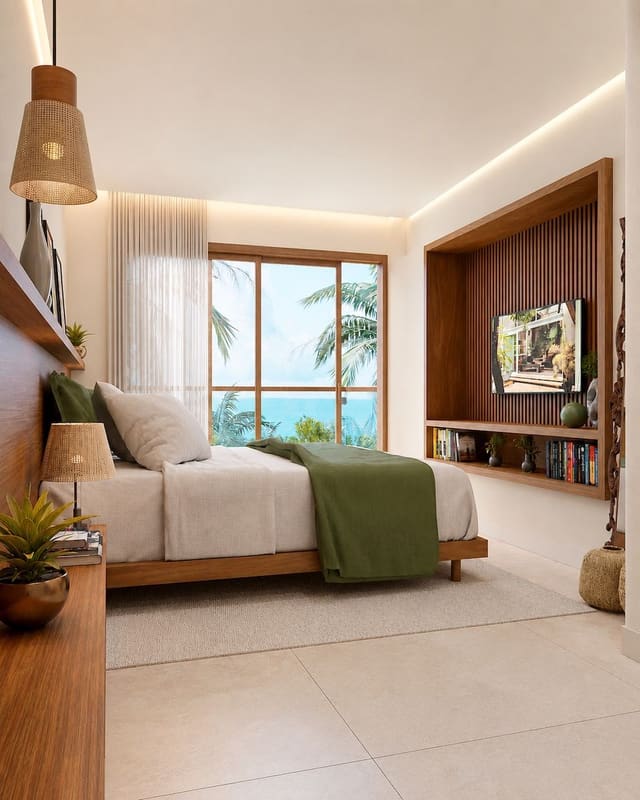 Illustrative rendering of the master suite with sea view