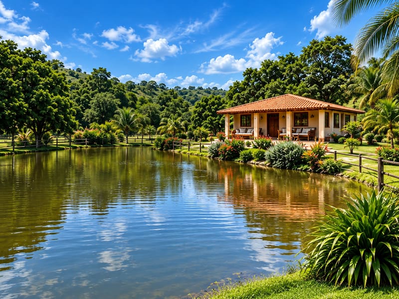 The house at the country property in Araçás seen across the lake