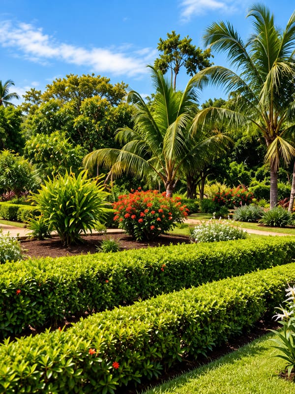 Landscaped gardens with hedges and flowering plants