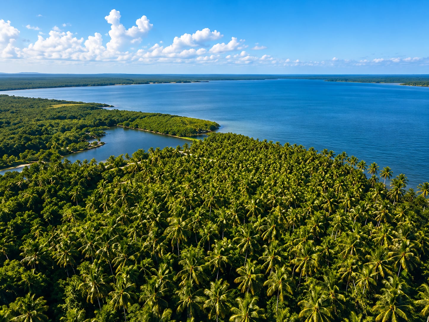 Aerial view of the land, the coconut grove and the Serinhaém river
