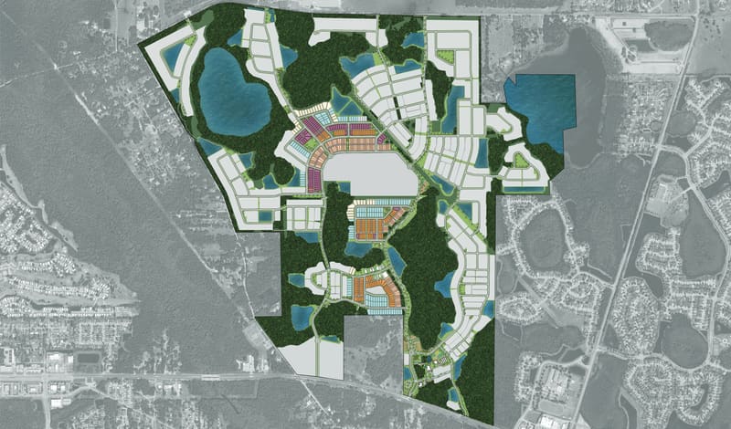 Planta da comunidade The Grow, com lagos e mata preservada