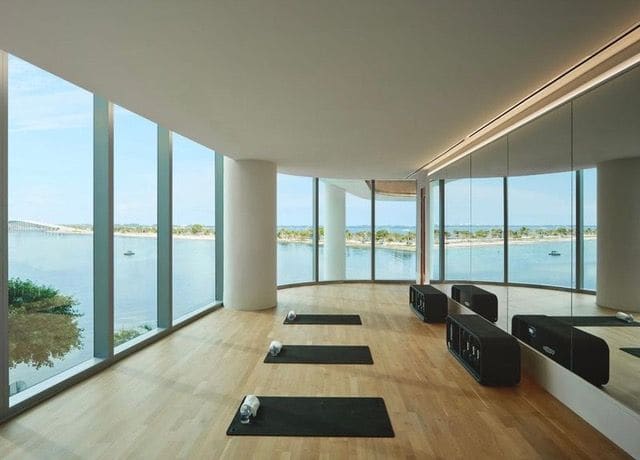 Fitness and yoga studio with bay views