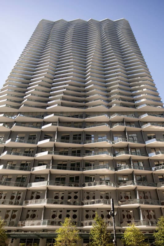 The 45-story tower seen from street level