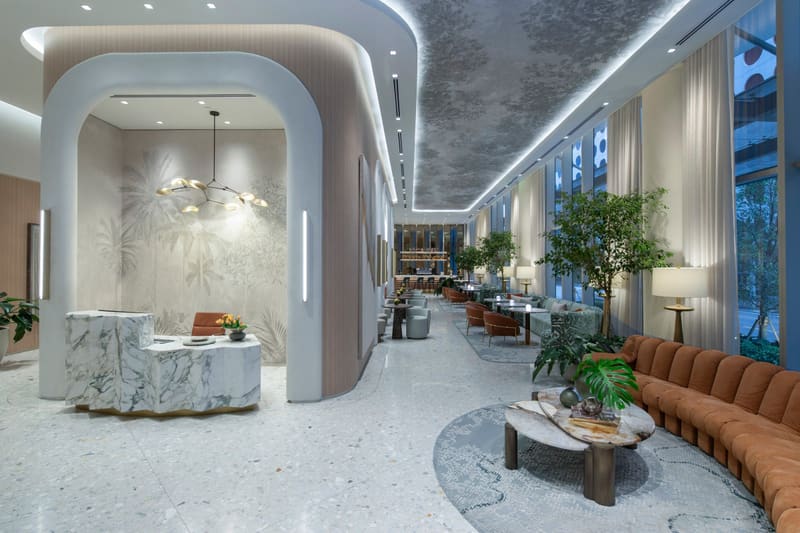Lobby with reception desk and lounge seating